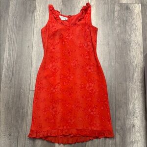 Kay Unger Red Floral Silk Sheath Dress Ruffle Details